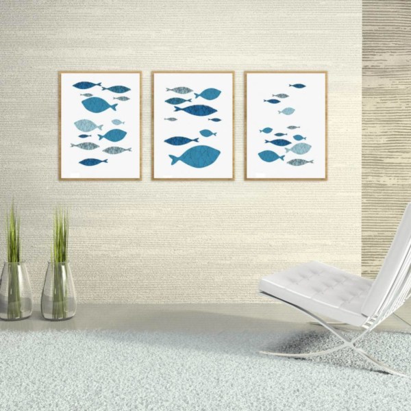 3 stk lærred vægkunst maleri tegneserie fisk trykt billede hjemmekontor indretning