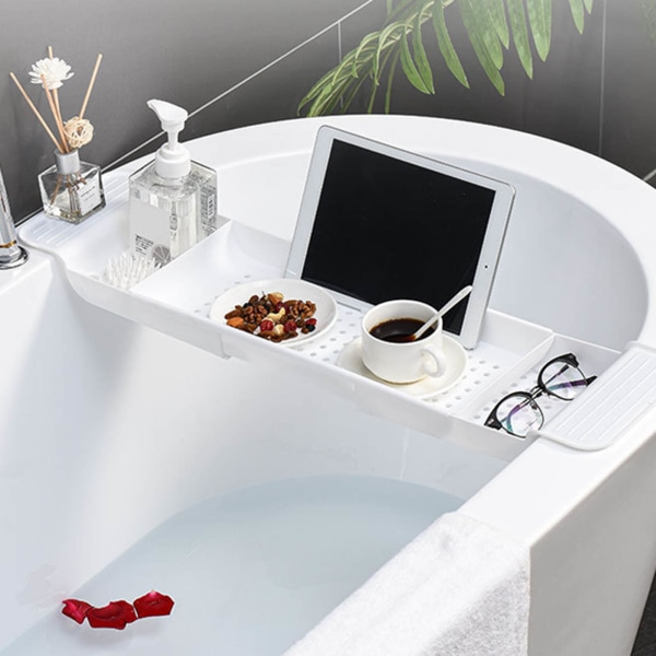 Badkarsbricka Stabil placering Expanderbart plastmaterial Dräneringsdesign Bath Caddy Badkarsbord för badrum Vit