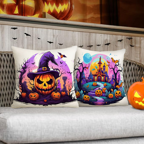 Halloween Purple Nights Sæt af 4, Dekorative Græskar Slot Pudebetræk med Usynlig Lynlås, 45 x 45 cm (uden puder) 45*45cm