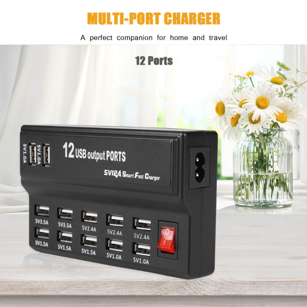 12 Portar USB Hub 5V 12A Power Laddningsstation Adapter Laddare Hem Resa USA Typ