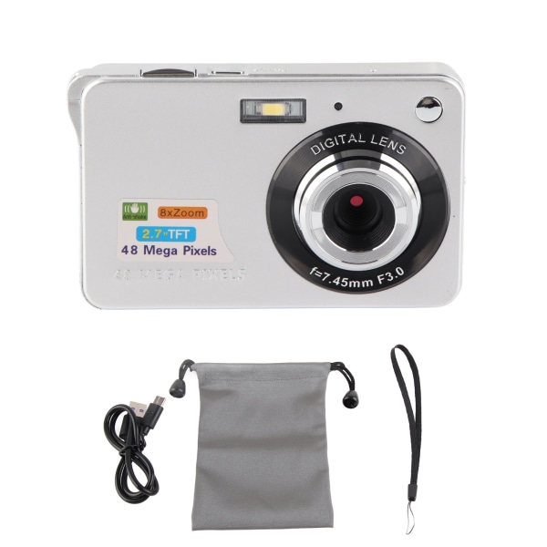 4K digitalkamera 48MP 2,7 tum LCD-skärm 8x zoom Anti Shake vloggningskamera för fotografering Serietagning Silver