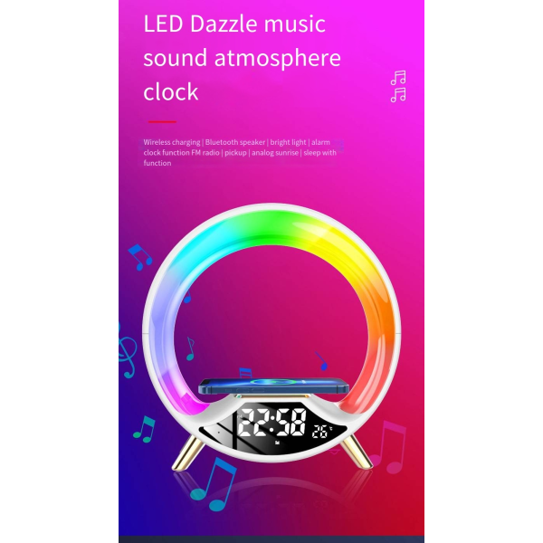 2024 langaton lataus, väriä vaihtava LED-valo valaistuskaiuttimella, langaton kaiutin ja yövalo, herätyskello ajastimella+ black