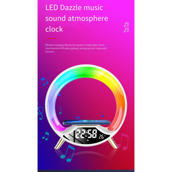 2024 trådlös laddning, färgskiftande LED-ljus med belysningshögtalare, trådlös högtalare och nattljus, väckarklocka med timer+ White