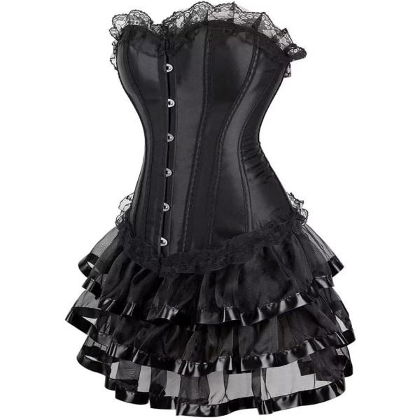 F.ttmstte Kvinders vintage victorianske Steampunk-korsetkjolesæt Sort korset med Tutu-nederdele Showgirl-kostume Black 6XL