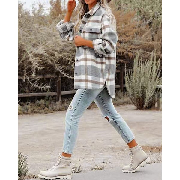 Dame Casual Plaid Flannel Kortærmet Jakke, Oversized Knapløs Langærmet Efterårsskjortejakke Frakke Toppe blue XL