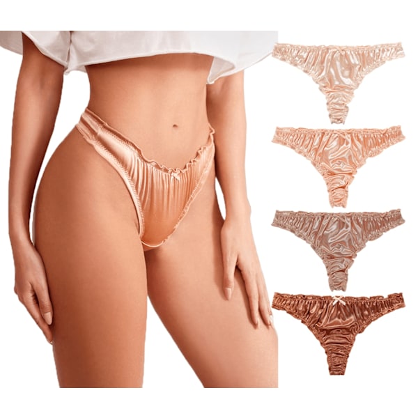 Dames Bikini Trusser, Satin Tanga 4-pak, Sexy Lingeri Høj Stræk Trusser, Lav Talje med Ruffler og Buespyd L