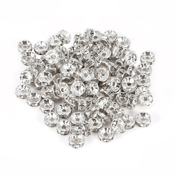 MH 100pcs/set Alloy Rhinestone Loose Charm Spacer Bead for Jewelry Making (Silver 8mm)