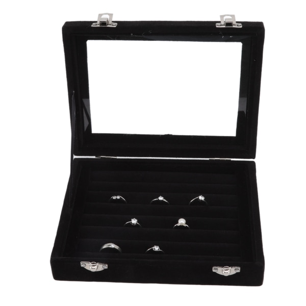 Smycken Display Box 7 Case Sammet Ring Förvaring Display Fodral med klart lock för Ring Smycken Örhängen Halsband Svart