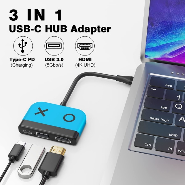 Tendak USB C till HDMI Adapter för Switch Typ C till 4K HDMI Converter USB 3.0 PD Laddningsport 3-i-1 USB-C HUB för Nintendo Switch/Switch OLED blue