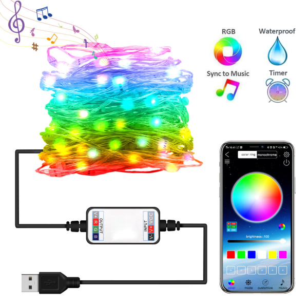 USB Bluetooth String Light Mobiltelefon APP Kontrol Kobbertråd String Light Julepynt