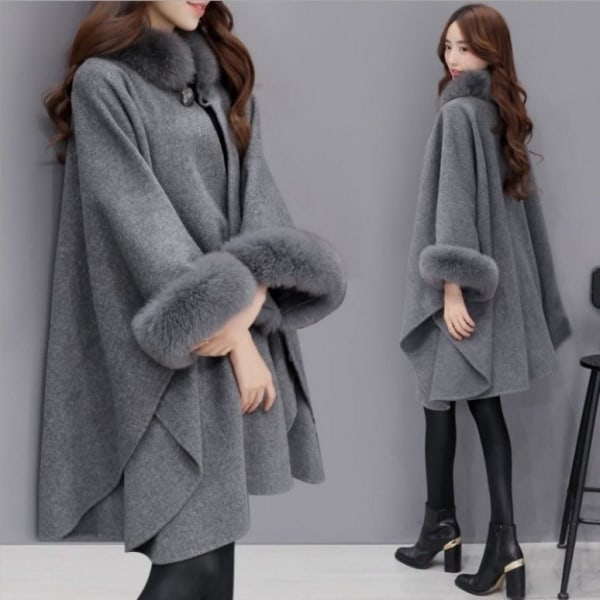 Dame Vinterfleece Hår Ponchos Højhalset Løs Elegant Frakke Outcoat Lag Ensfarvet Tykkere Langærmede grey XXXL