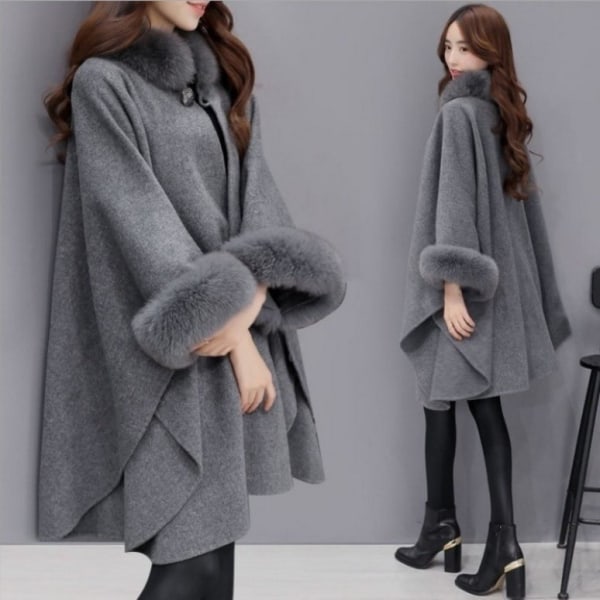 Naisten talvifleece-hiukset ponchot korkea kaula Löysä tyylikäs takki Outcoat Layer yksivärinen paksumpi ylös pitkähihainen grey XXL