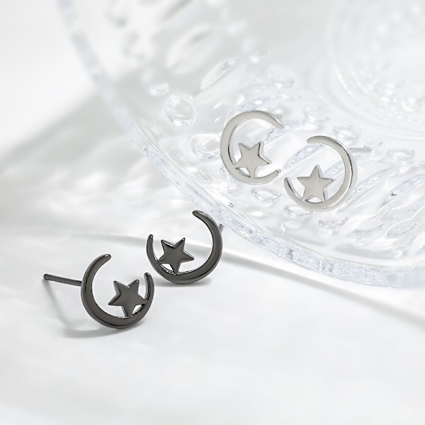 Minimalistiska Mini Stjärna Mån Örhänge Spänne S925 Silvernål Söt och Frisk Mån Stjärna Örhängen Black gold earrings