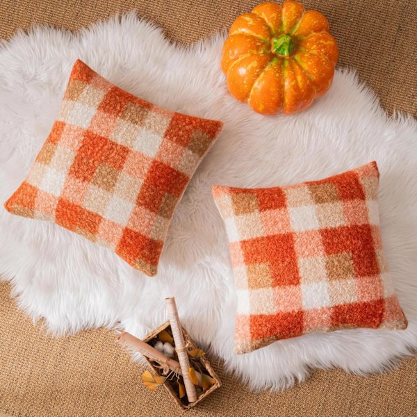 Orange Rutig Höst Kuddfodral 18x18 Tum Set om 2, Mysig Fluffig Heminredning Vardagsrum Farmhouse Dekoration för Soffa Säng 30*50cm