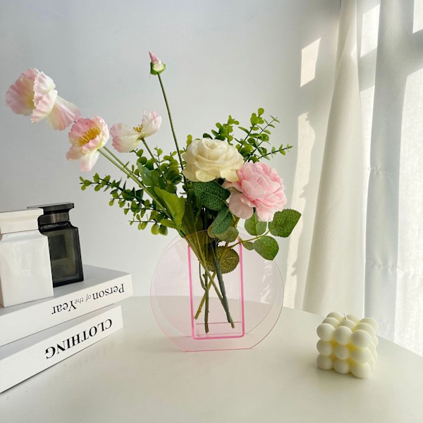 Akryl vase tørkede blomster kreative ornamenter moderne hjem stue friske blomster blomster vase - rosa rund (produktstørrelse: 17*16*5cm)