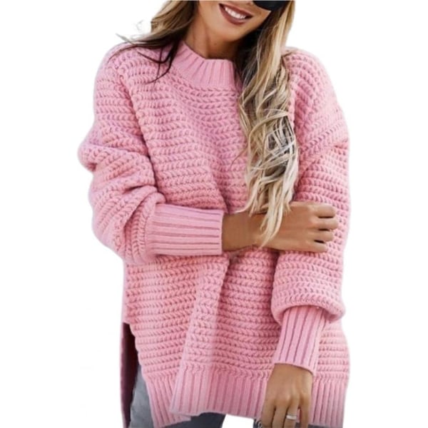 Ensfarget genser vår og høst for kvinner Halv høy krage Høst og vinter tykk strikket genser Oversized løs genser til hverdags Pink XL