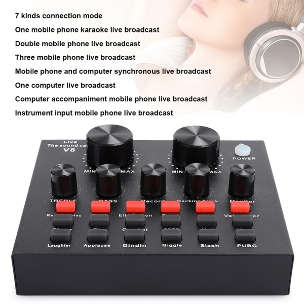 v8 ABS Black Bluetooth Äänenvoimakkuuden säätö Äänen vaihtaminen Live Broadcast -äänikortti matkapuhelimen tietokoneelle