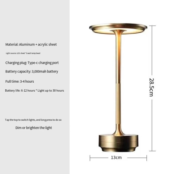 Sladdlös bordslampa Dimbar Vattentät metall USB uppladdningsbara bordslampor (guld) romerska