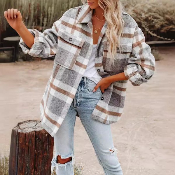 Dame Casual Plaid Flannel Kortærmet Jakke, Oversized Knapløs Langærmet Efterårsskjortejakke Frakke Toppe blue XL