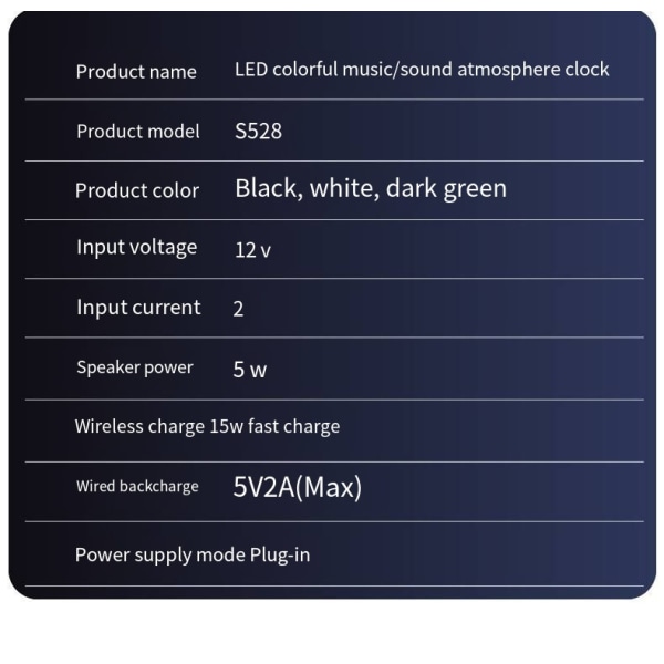 2024 trådløs lading, fargeskiftende LED-lys med lyshøyttaler, trådløs høyttaler og nattlys, vekkerklokke med timer+ White