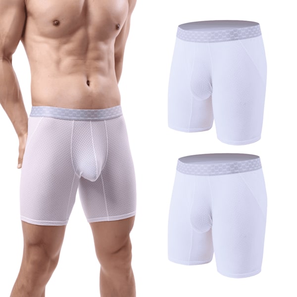 Männs isilksboxershorts med långa ben, sportbyxor, bekväma och andningsbara midjehöga kalsonger, isilksunderkläder (2 par) White M