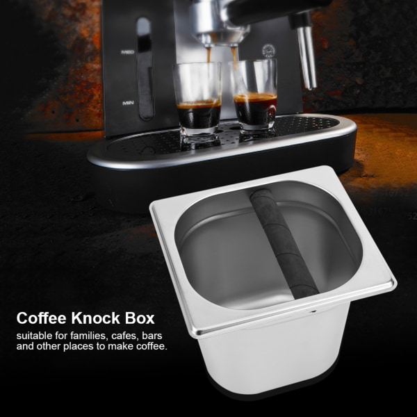 Ruostumattomasta teräksestä valmistettu Espresso Knock Box -säiliö, jossa on kumipalkki kahvinkeittimelle L