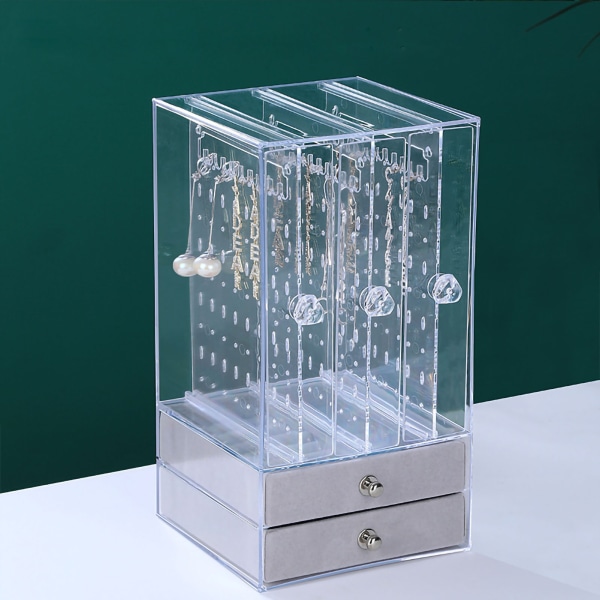 Riippuva korujen organizer Kirkas näyttöteline laatikoilla korvakoruille kaulakoru 3 pystysuoraa ja 2 harmaata läpinäkyvää vaakasuoraa laatikkoa