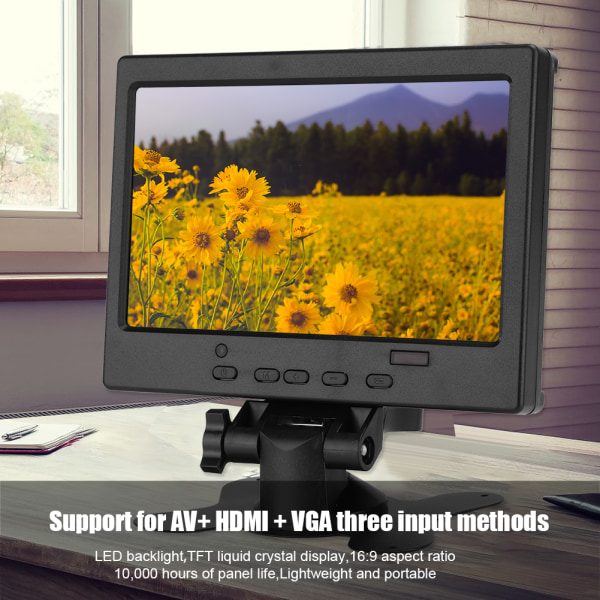 7-tommers multifunksjons 800:1 1024x600-skjerm med stativstøtte HDMI VGa AV-inngang (100-240V)(EU-plugg)