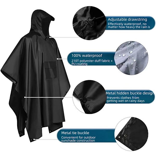 Hupullinen Poncho Vedenpitävä Sadetakki Miehille/Naisille/Aikuisille Taskuilla black