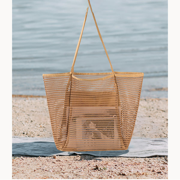 Stor Strandtaske til Kvinder XL Kollektion, Mesh Strandtaske med Indvendig Lynlås Lomme, Foldbar Letvægts Mesh Strandtaske Kurv brun