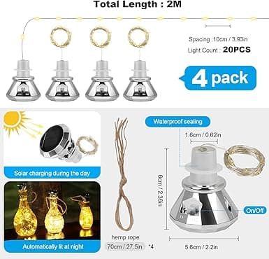 Shine Set med 4 lampor för glasflaskor, 2 m 20 LED-lampor, solcellslampor