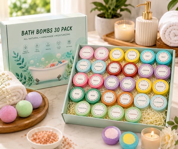 Badbomber Present-Set (30-pack) – Handgjorda Ekologiska Bubbelbadbomber med Eteriska Oljor | 15 Dofter