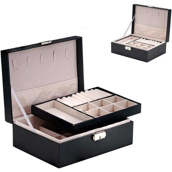 Smyckeskrin Organizer, 2 lager läder smycken case med lås och avtagbar