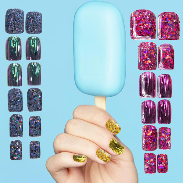 Flicka 96 st. Glitter Glamup och Metallic Nails Press-On Set med konstgjorda falska naglar med full täckning