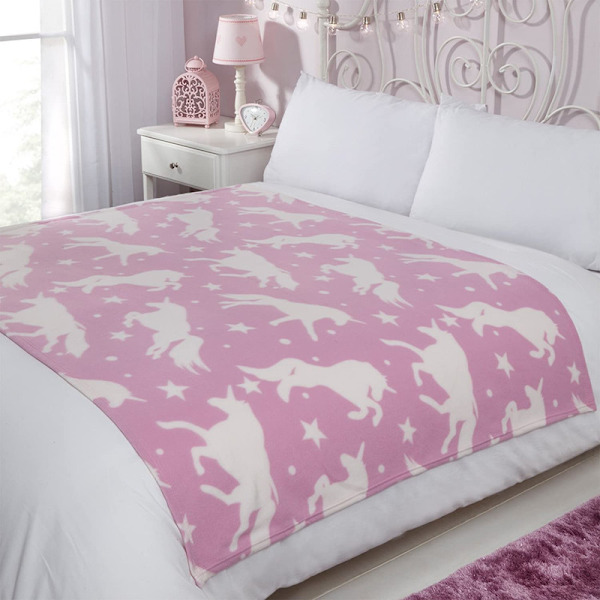 Cover, rosa, vit, med Unicorn – Polar Fleecefilt