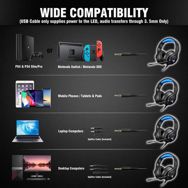 Spelheadset med mikrofon och LED-ljus, 3,5 mm-ingång, för PC, PS4, Xbox One,