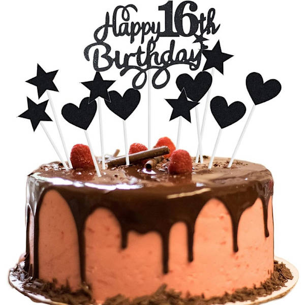 Födelsedagsdekoration, Black Cake Topper 16 Birthday Boy Girl, Cake Topper 16 Years Boy
