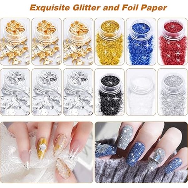 45 Pieces Nail Art Decoration Accessory Set, Nail Brush Rhinestone Glitter Gold Foil Nail Design