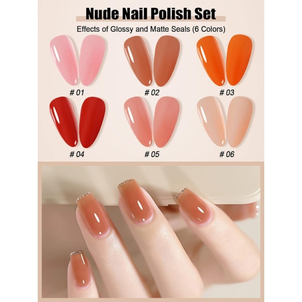 Gel Nagellack Kit, 6 färger Transparent Jelly Sheer Pink Nude Gel Polish