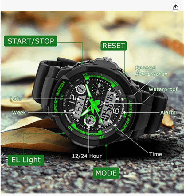 LED vattentät digital watch för barn Mörksvart Analog+Digital