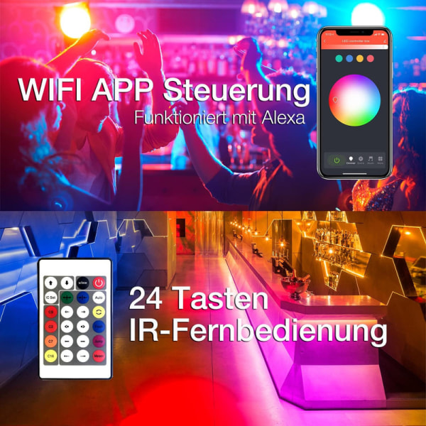 LED-remsa RGB 15M, Smart WiFi 12V LED-remsa kompatibel med Alexa och Google Assistant, (2x7,5M)