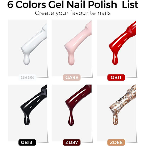 6 Colors UV Nail Polish Red Black Set,Soak UV/LED Shellac Nail Polish Gift for Nail Studio DIY Home,10ml