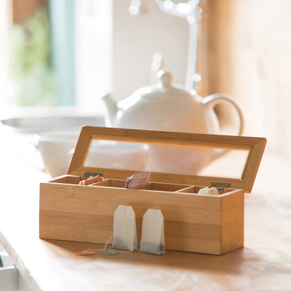 Bamboo Tea Box, 4 Compartments, Slim  Small, Elongated, Nature