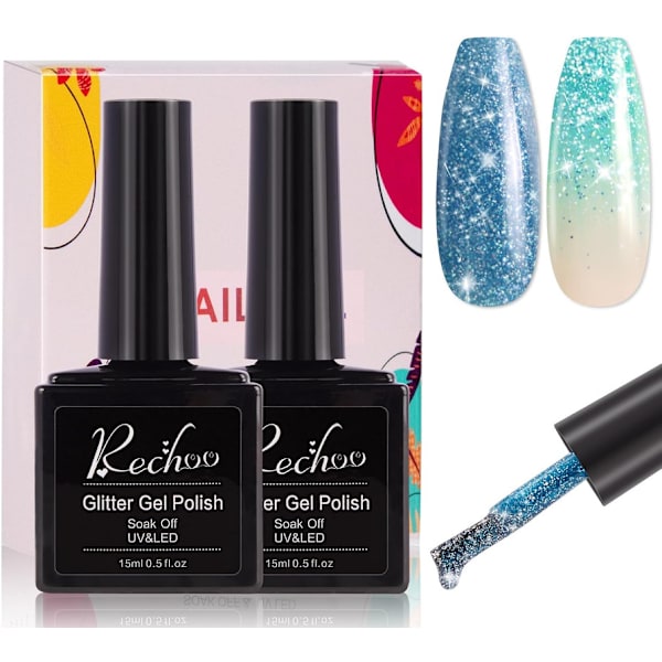 Glittergel för naglar, 2 x 15ml blått och grönt Shellac nagellack glitterset, blått och grönt glittergellack