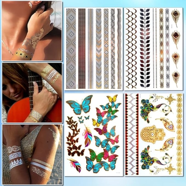 Tattoos for Women (12 Sheets Waterproof Festival Tattoos), Gold Temporary Tattoos Festival,