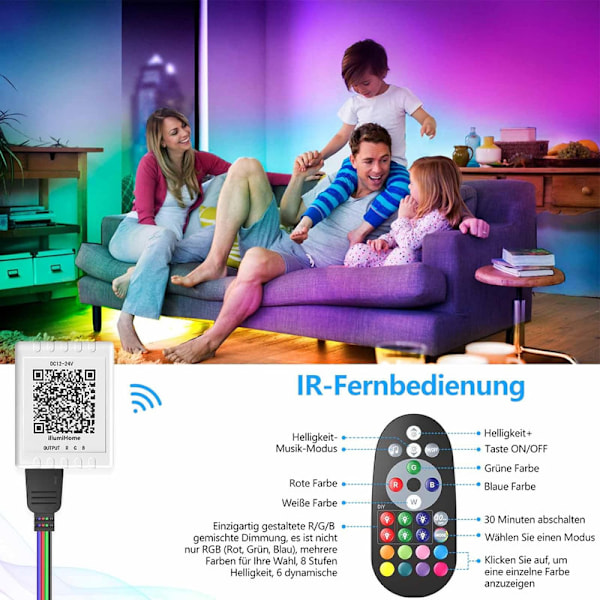 LED-ljusremsor 15 m musik synkronisering färgförändring RGB LED-remsa 44 knappar fjärrkontroll,
