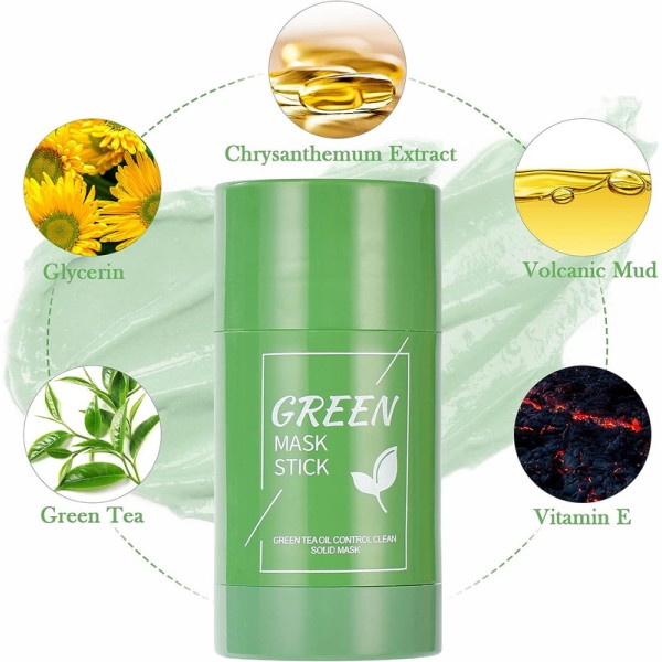 Green Tea Cleansing Mask Stick, 2 Pack Purifying Green Clay Mask,