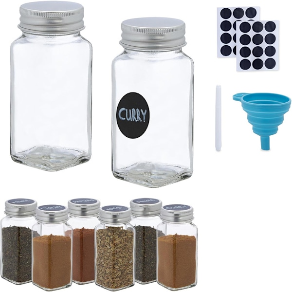 Spice jars set of 8, sprinkler insert, glass spice jars, 120 ml, including labels, pen and funnel,