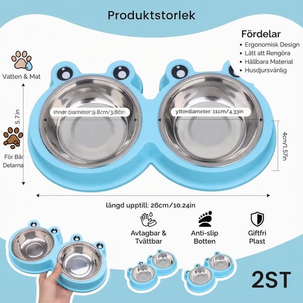 Dubbelmatskål för Hund & Katt, Rostfritt Stål, 2-pack, Blå