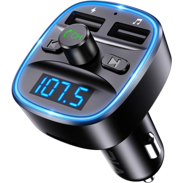 Bluetooth 5.0 FM Transmitter, Radio Car Receiver Adapter, with Mic, 2 USB Charging,